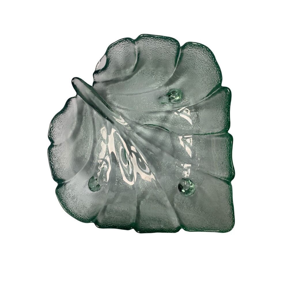 VTG MCM RETRO DEPRESSION GREEN LEAF FOOTED large GLASS BOWL DISH ART DECOR